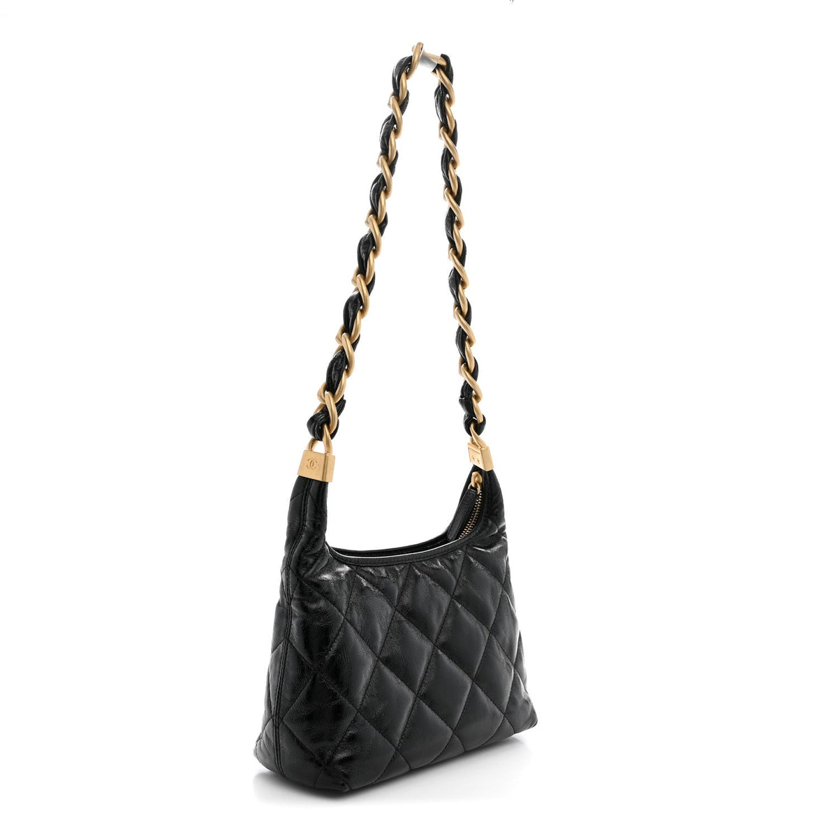 Shiny Crumpled Lambskin Quilted Small CC Funky Town Hobo Black