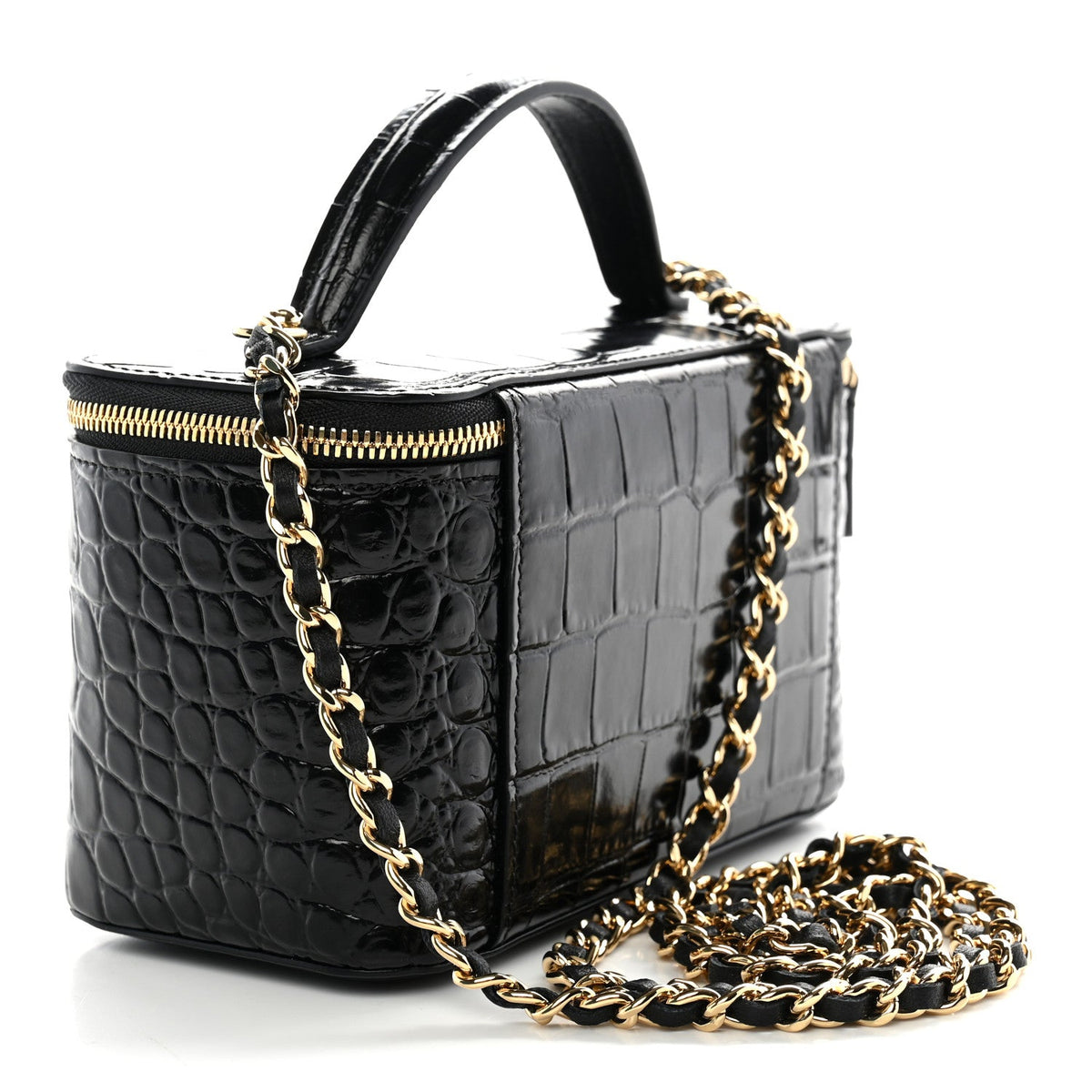Calfskin Crocodile Embossed Crococo Small Top Handle Vanity Case With Chain Black
