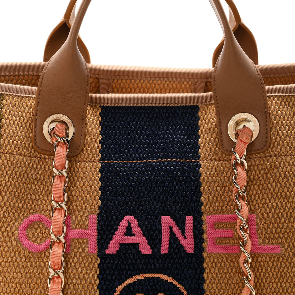 Straw Raffia Calfskin Striped Medium Deauville Tote Black Beige Ivory