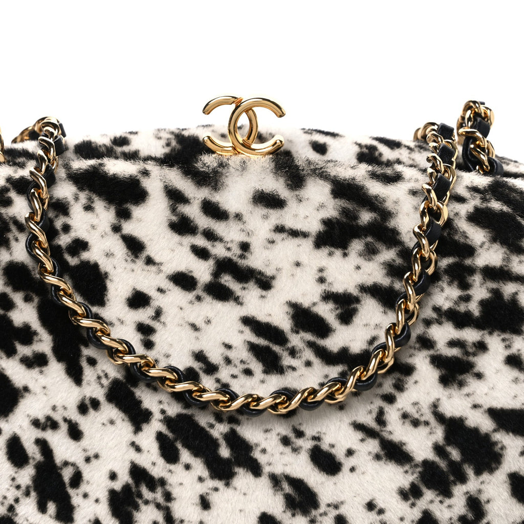 Lambskin Pony Hair Printed Clutch With Chain Black White