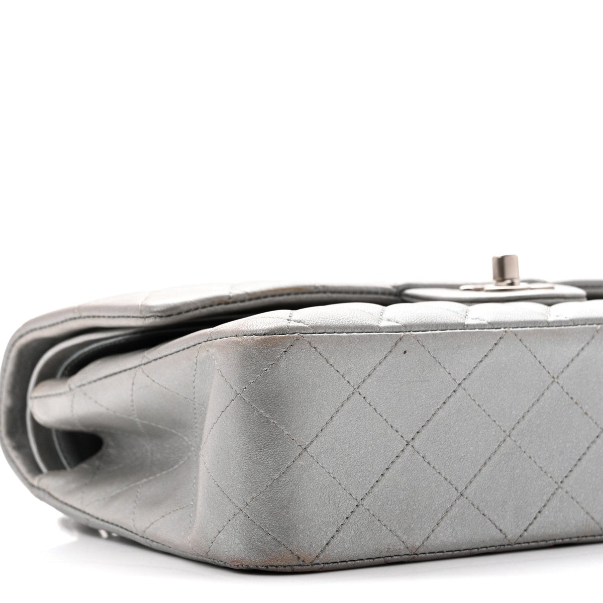 Metallic Lambskin Quilted Medium Double Flap Silver