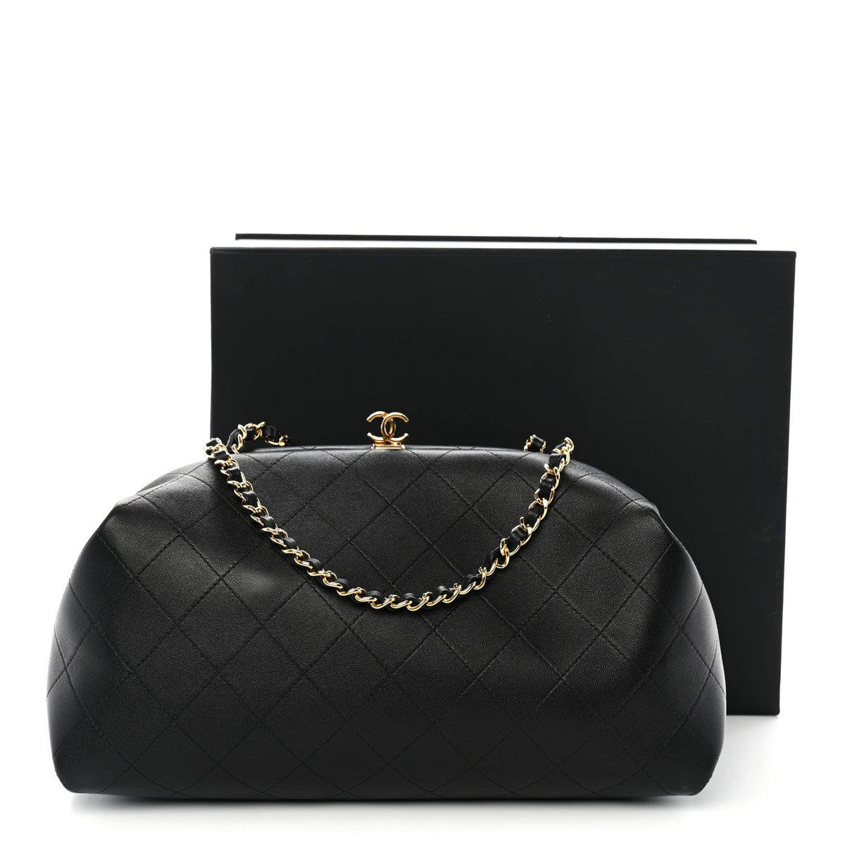 Lambskin Stitched Clutch With Chain Black