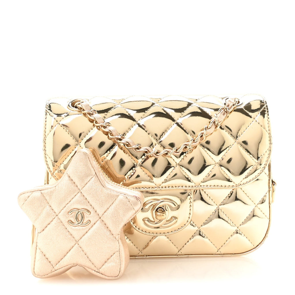 Mirror Calfskin Metallic Calfskin Quilted Hollywood Boulevard Mini Flap With Star Coin Purse Gold
