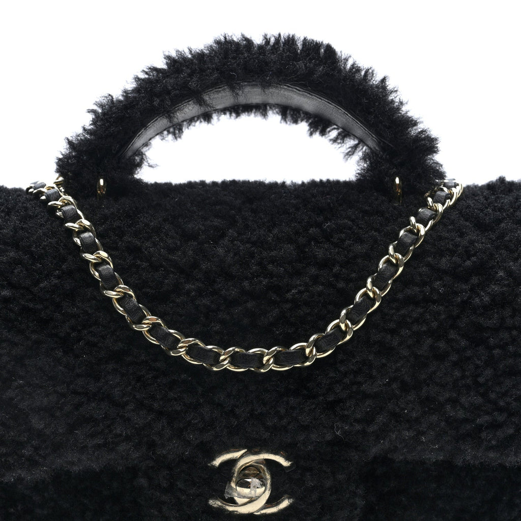 Shearling Quilted Mini Top Handle Rectangular Flap Black