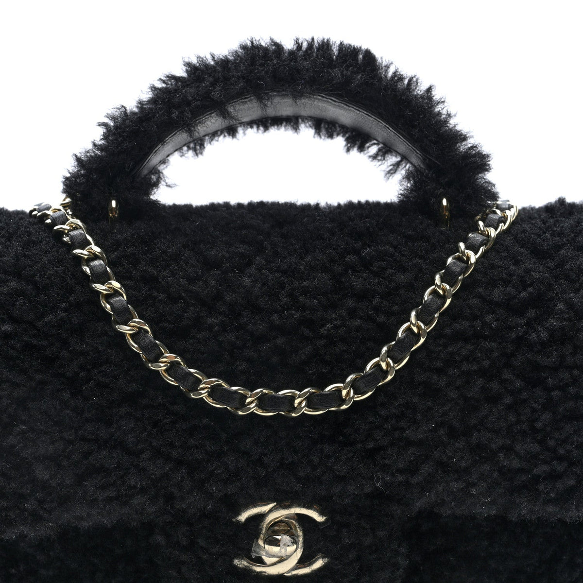 Shearling Quilted Mini Top Handle Rectangular Flap Black