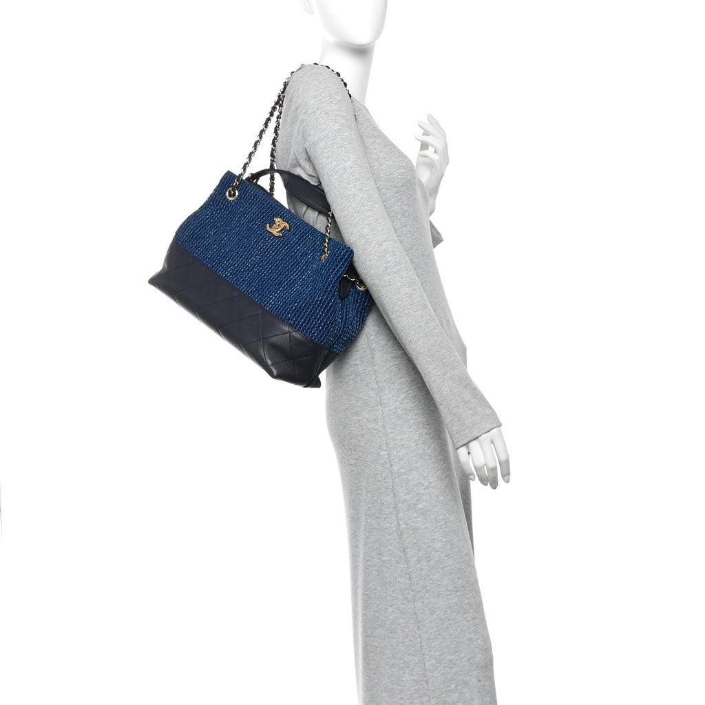 Tweed Shiny Lambskin Quilted Coco Base Small Shopping Bag Dark Blue