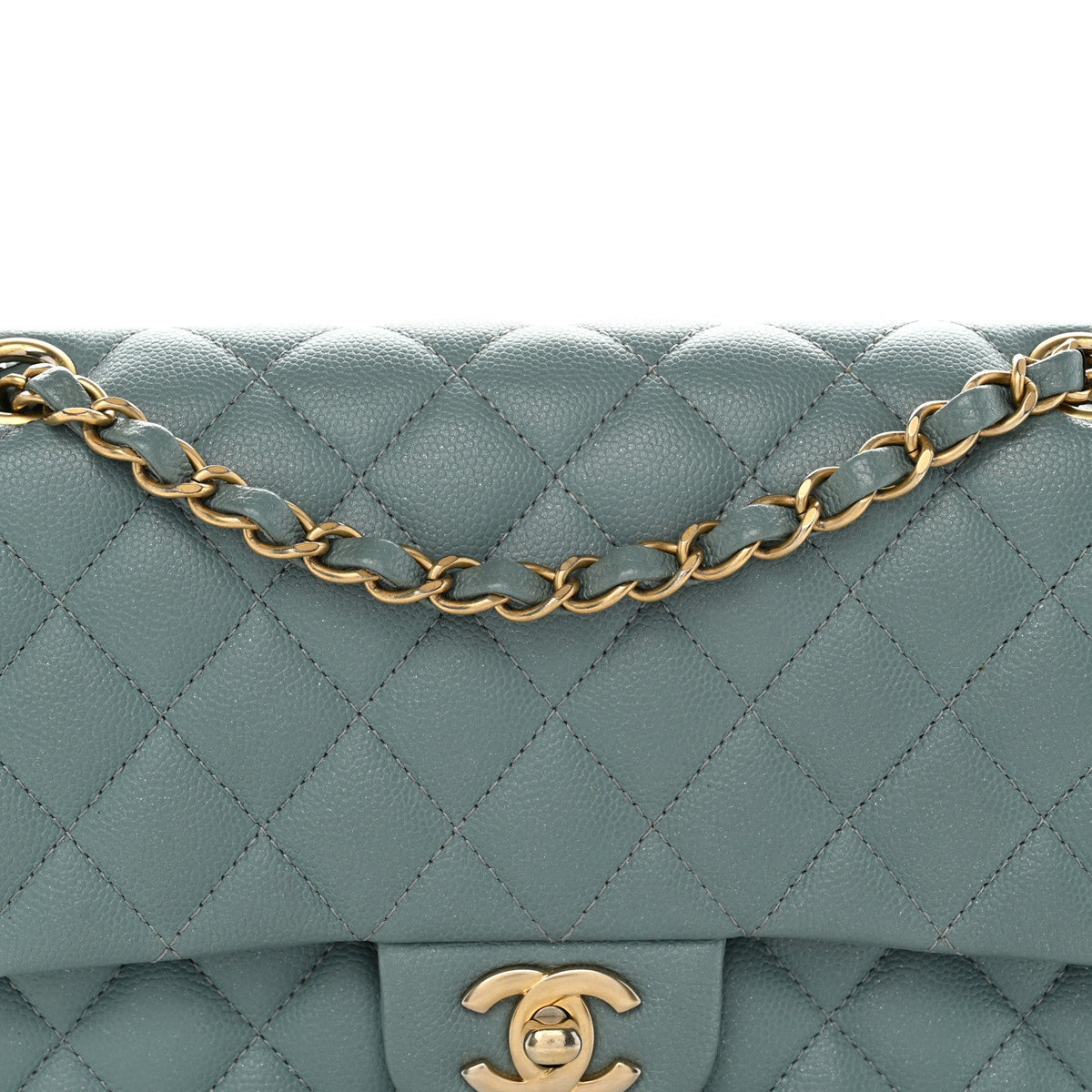 Iridescent Caviar Quilted Medium Double Flap Light Blue