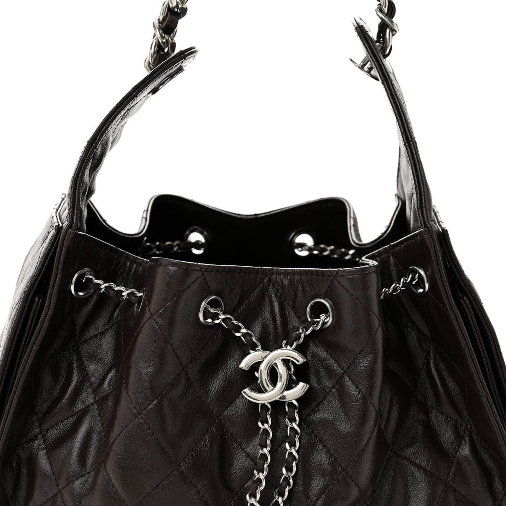 Shiny Crumpled Calfskin Quilted Small Chanel 25 Handbag Dark Brown