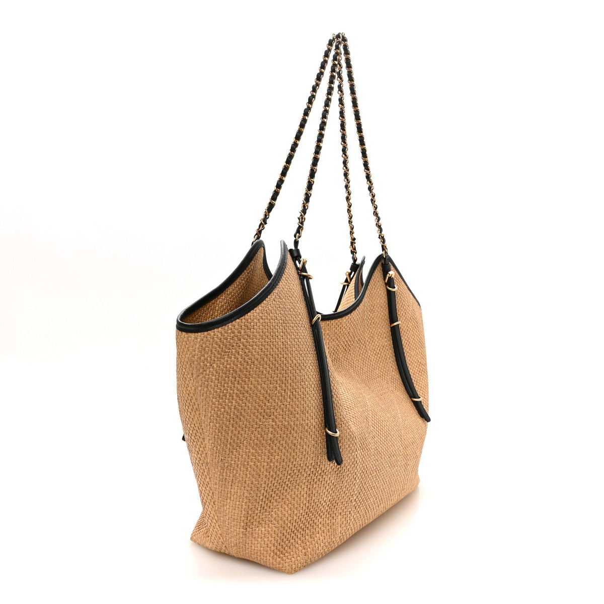 Braided Raffia Stitched Maxi Shopping Bag Dark Beige Black