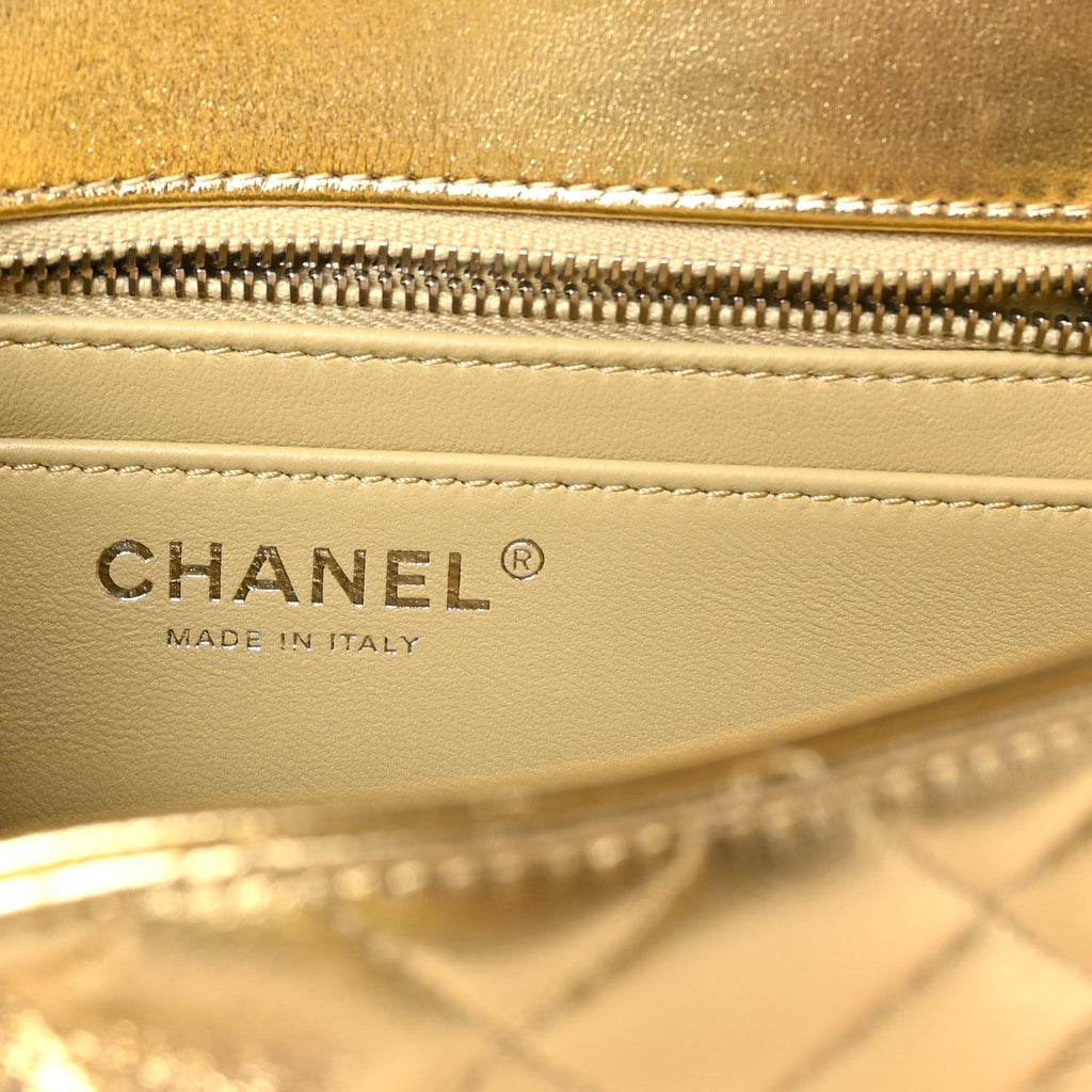 Metallic Lambskin Quilted Mini Rectangular Pearl Crush Flap  Gold