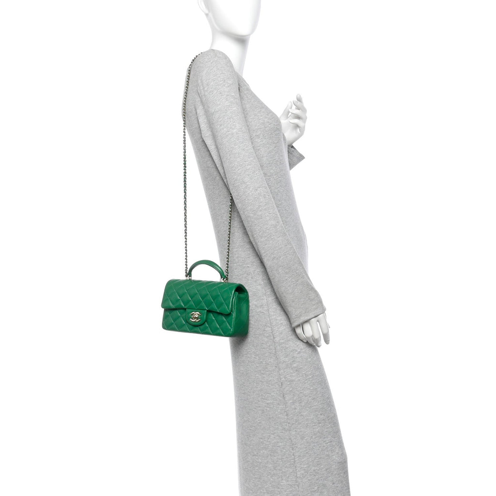 Lambskin Quilted Mini Top Handle Rectangular Flap Green