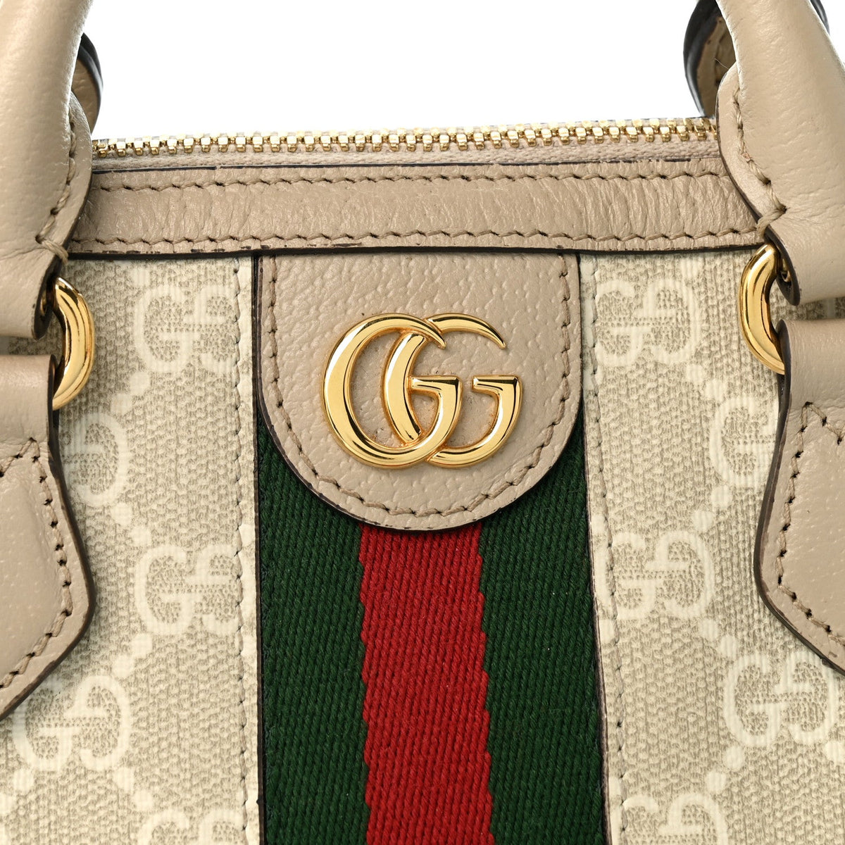 GG Supreme Monogram Textured Dollar Calfskin Web Super Mini Ophidia Top Handle Bowler Bag Beige Mystic White Oatmeal