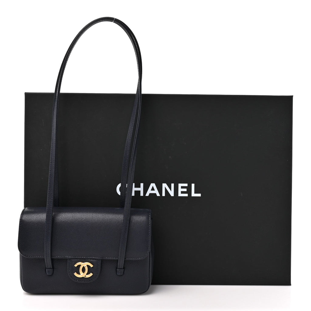 Shiny Caviar Mini Preppy Coco Shoulder Bag Dark Blue