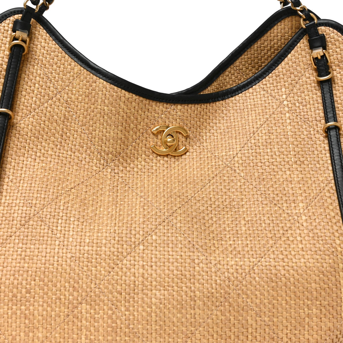 Braided Raffia Stitched Maxi Shopping Bag Dark Beige Black