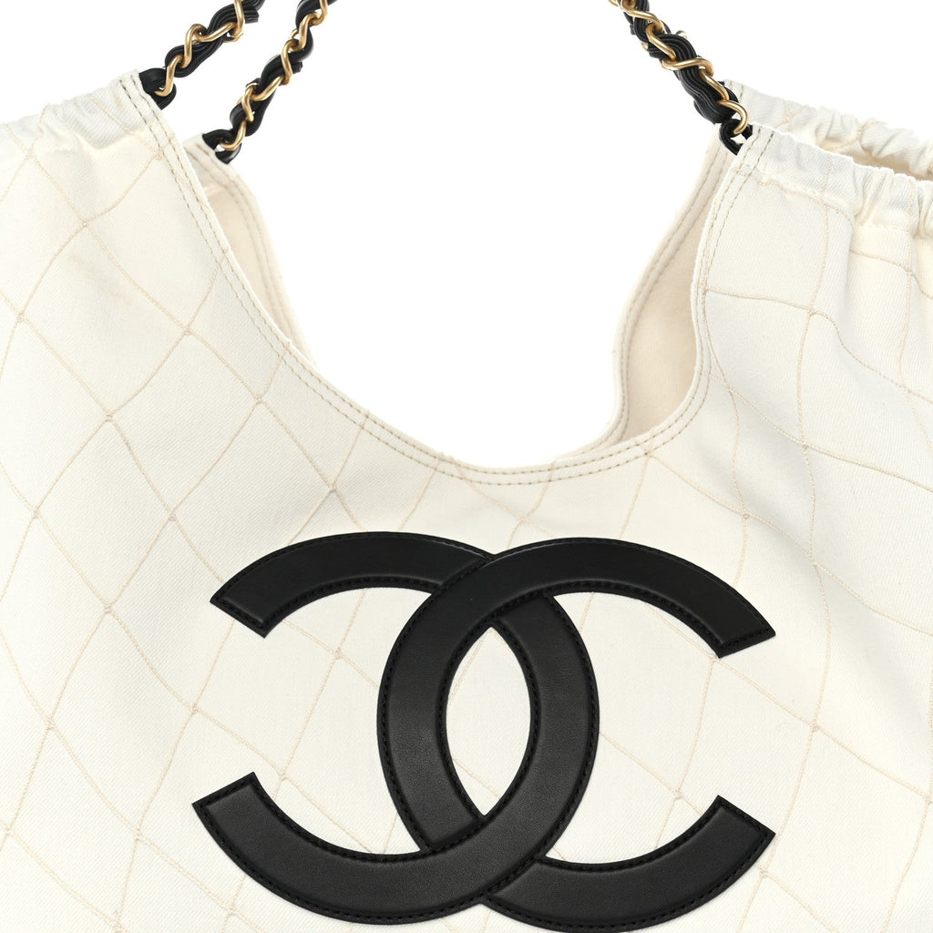 Denim Calfskin Quilted Coco Beach Small Shopping Tote White Black