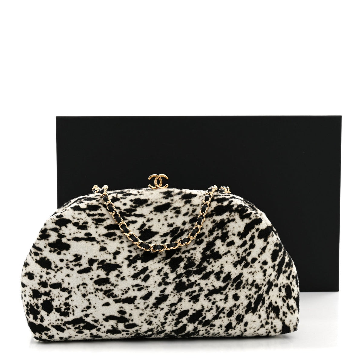 Lambskin Pony Hair Printed Clutch With Chain Black White