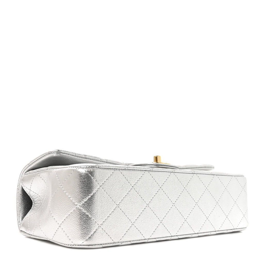 Metallic Caviar Quilted Top Handle East West Flap Silver