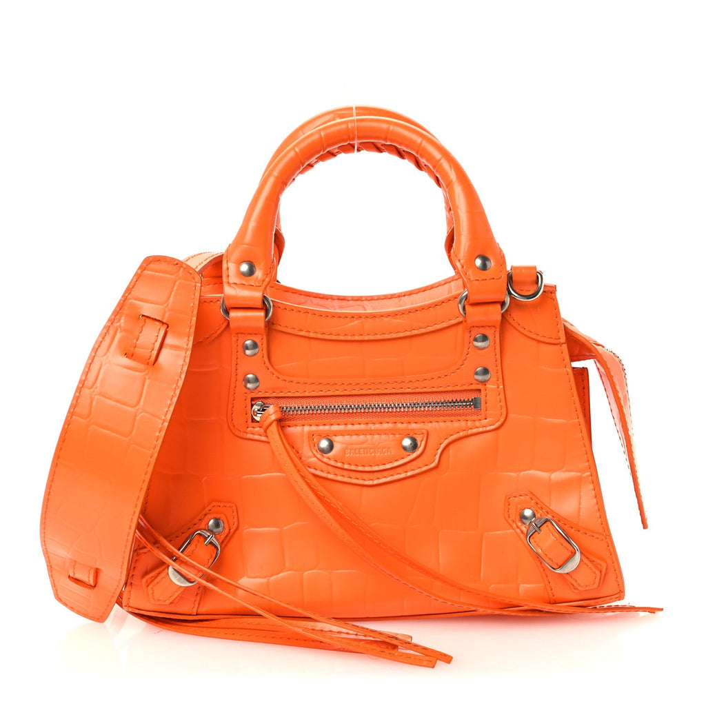 Semi Shiny Calfskin Crocodile Embossed Neo Classic Silver Hardware Mini City Orange