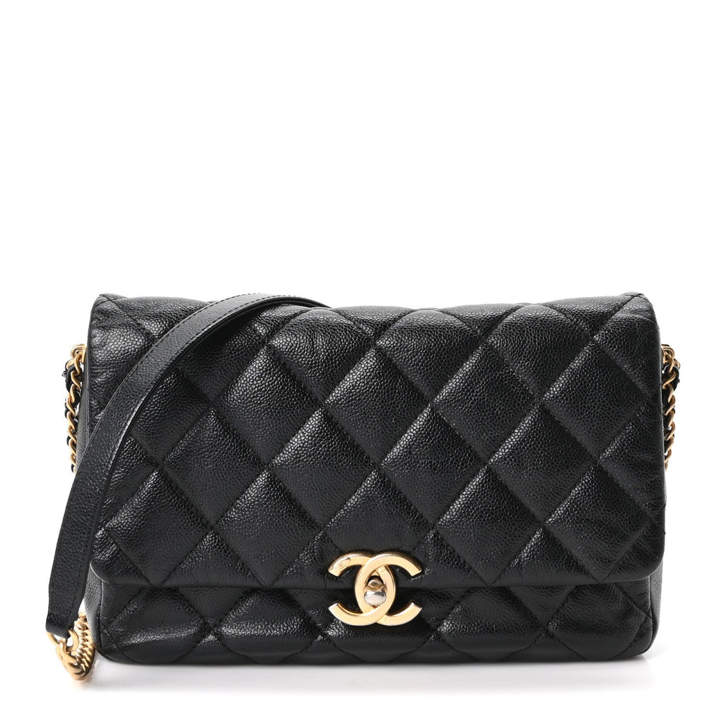 Shiny Caviar Quilted Large Chain Melody Flap Black