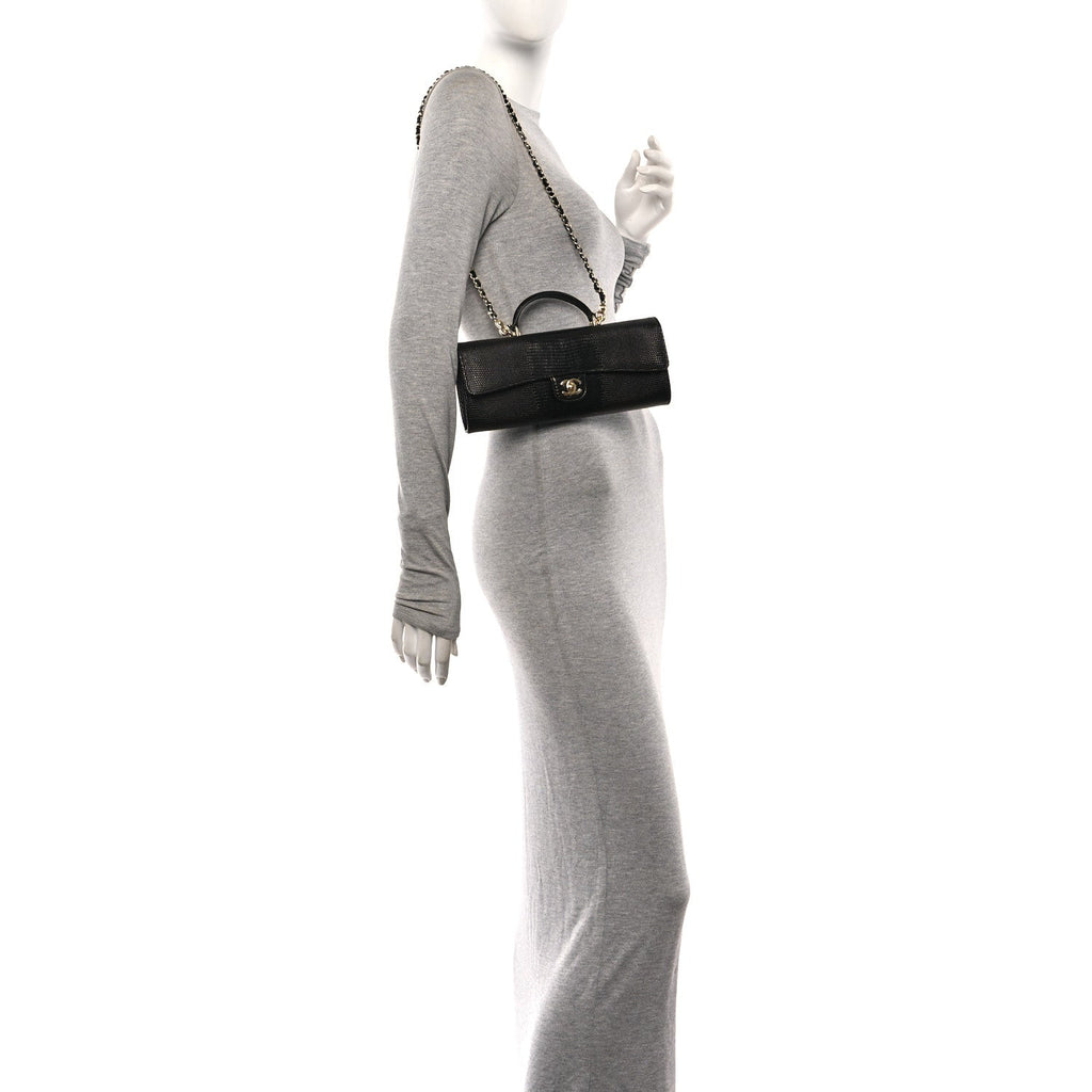 Calfskin Lizard Embossed Top Handle Long Clutch With Chain Black