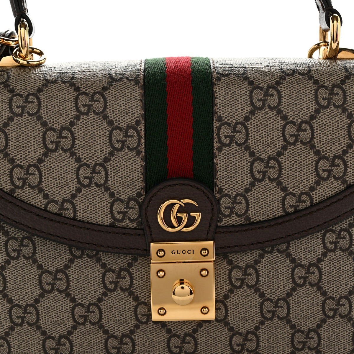GG Supreme Monogram Textured Dollar Calfskin Web Small Ophidia Padlock Top Handle Bag Beige Ebony New Acero