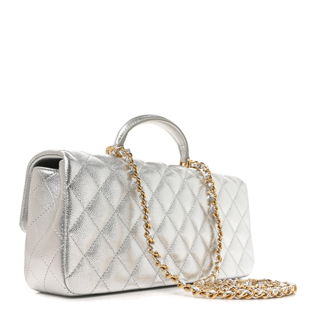 Metallic Caviar Quilted Top Handle East West Flap Silver