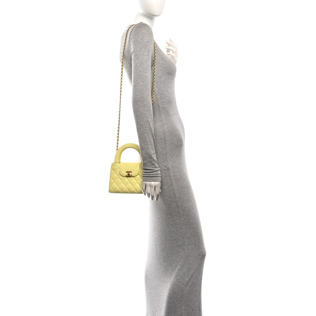 Shiny Aged Calfskin Quilted Nano Kelly Shopper Light Yellow