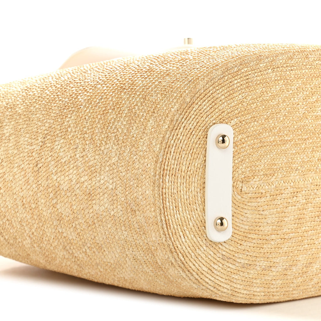 Raffia Braided Lambskin Large Wicker Tote Beige White