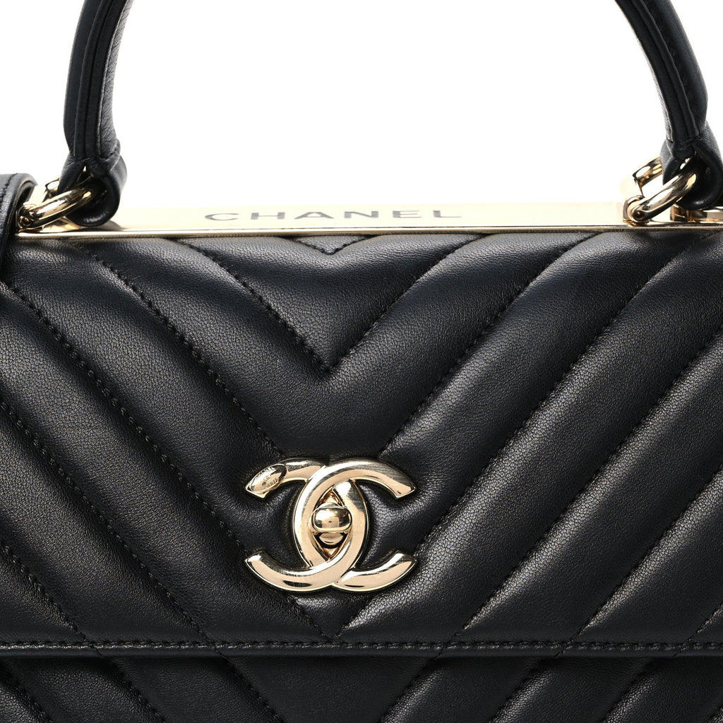 Lambskin Chevron Quilted Small Trendy CC Dual Handle Flap Bag Black