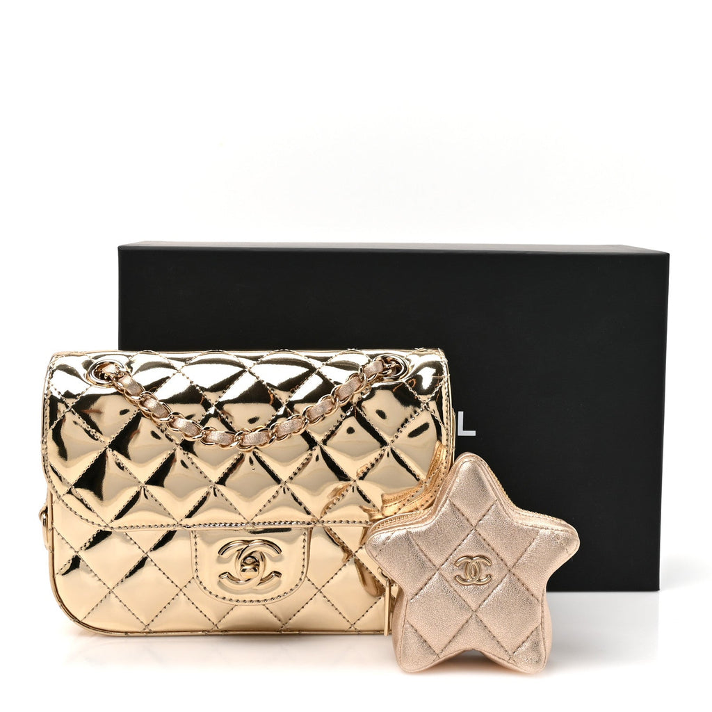 Mirror Calfskin Metallic Calfskin Quilted Hollywood Boulevard Mini Flap With Star Coin Purse Gold