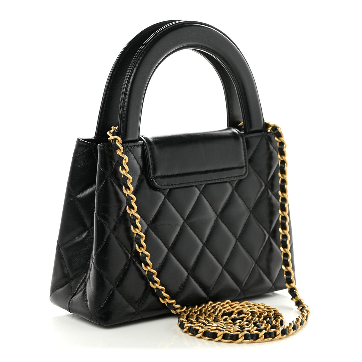Shiny Aged Calfskin Quilted Nano Kelly Shopper Black