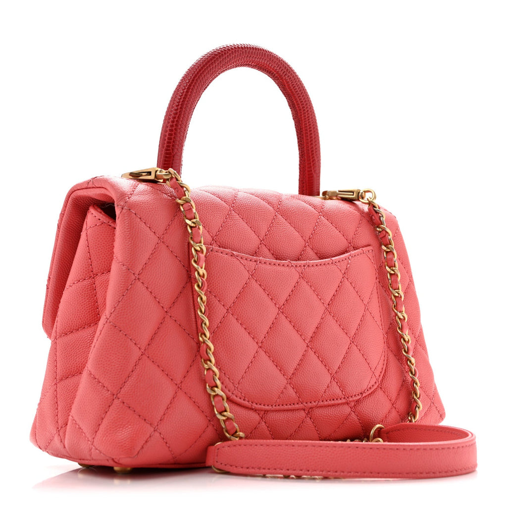 Caviar Lizard Embossed Quilted Mini Coco Handle Flap Pink