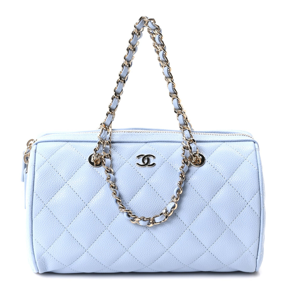 Caviar Quilted Barrel Clutch With Chain Light Blue