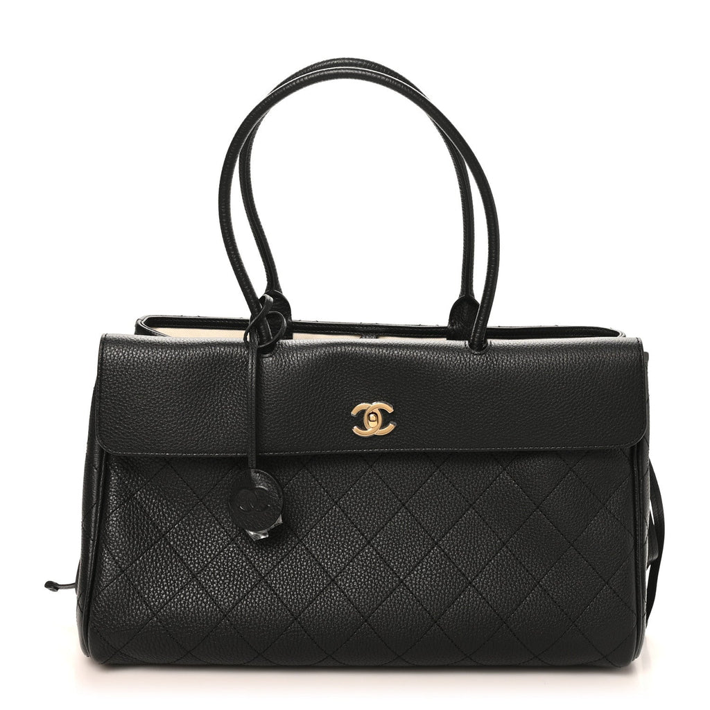 Grained Calfskin Stitched Urban Essentials Shopping Bag Black