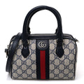 GG Supreme Monogram Textured Dollar Calfskin Web Mini Ophidia Top Handle Bag Beige Blue