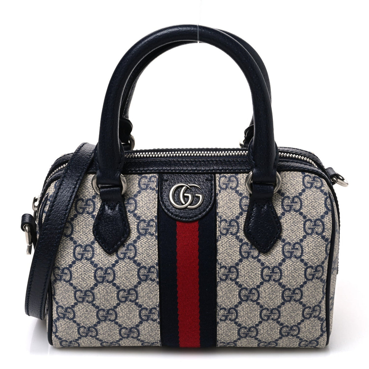 GG Supreme Monogram Textured Dollar Calfskin Web Mini Ophidia Top Handle Bag Beige Blue