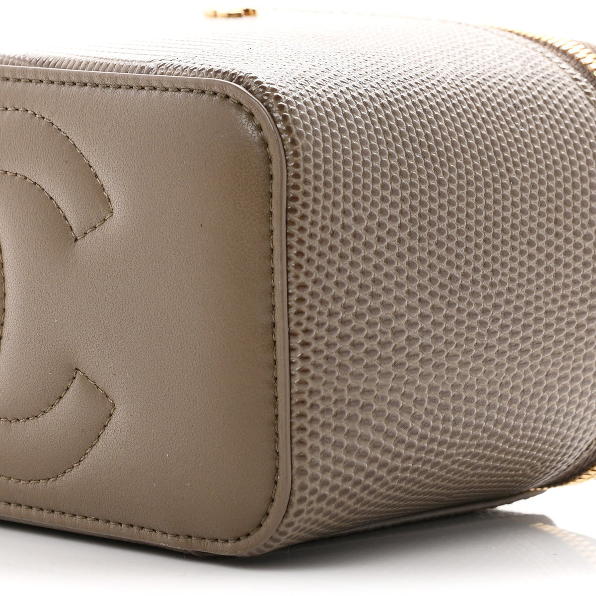 Calfskin Lizard Embossed Top Handle Vanity With Chain Dark Khaki