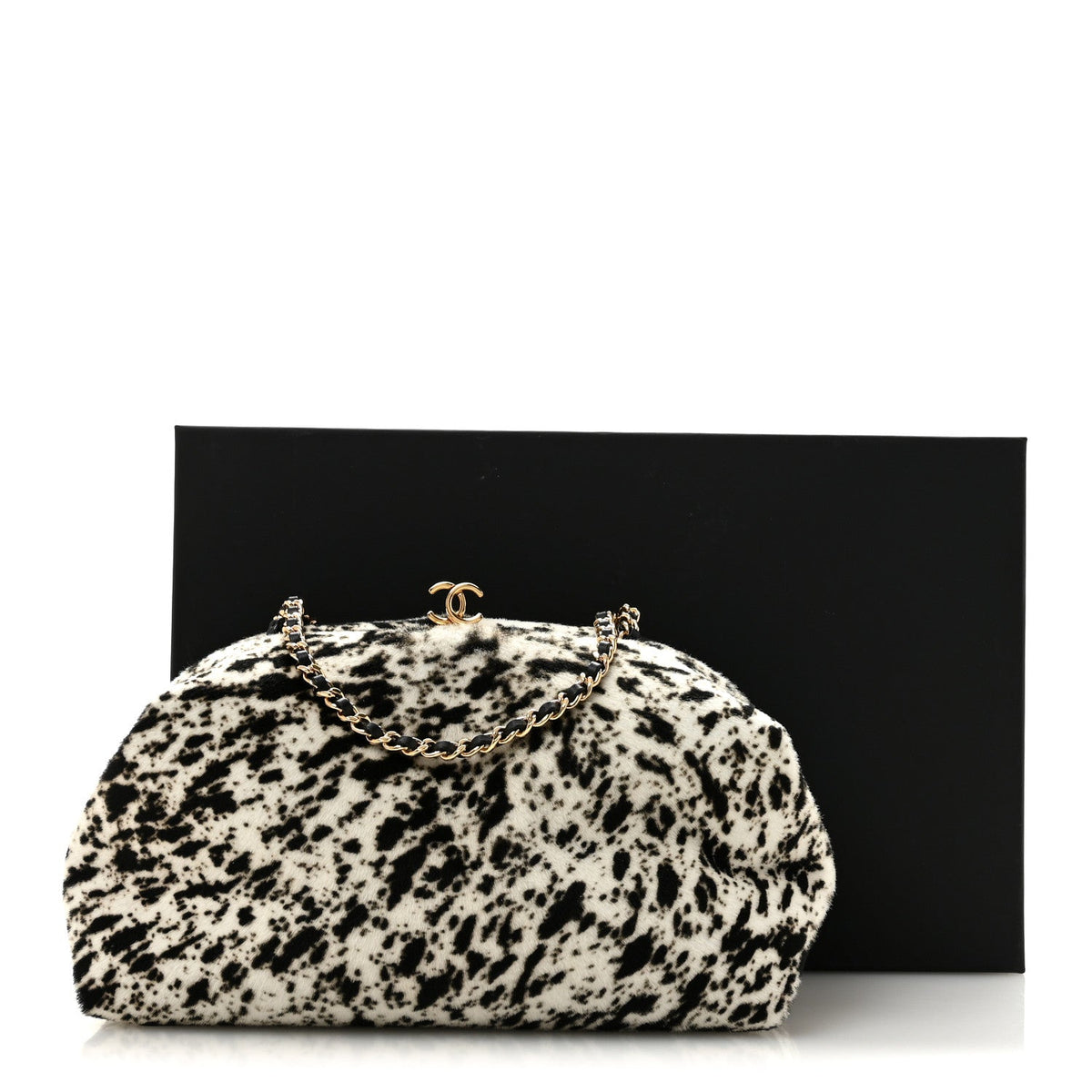 Lambskin Pony Hair Printed Clutch With Chain Black White