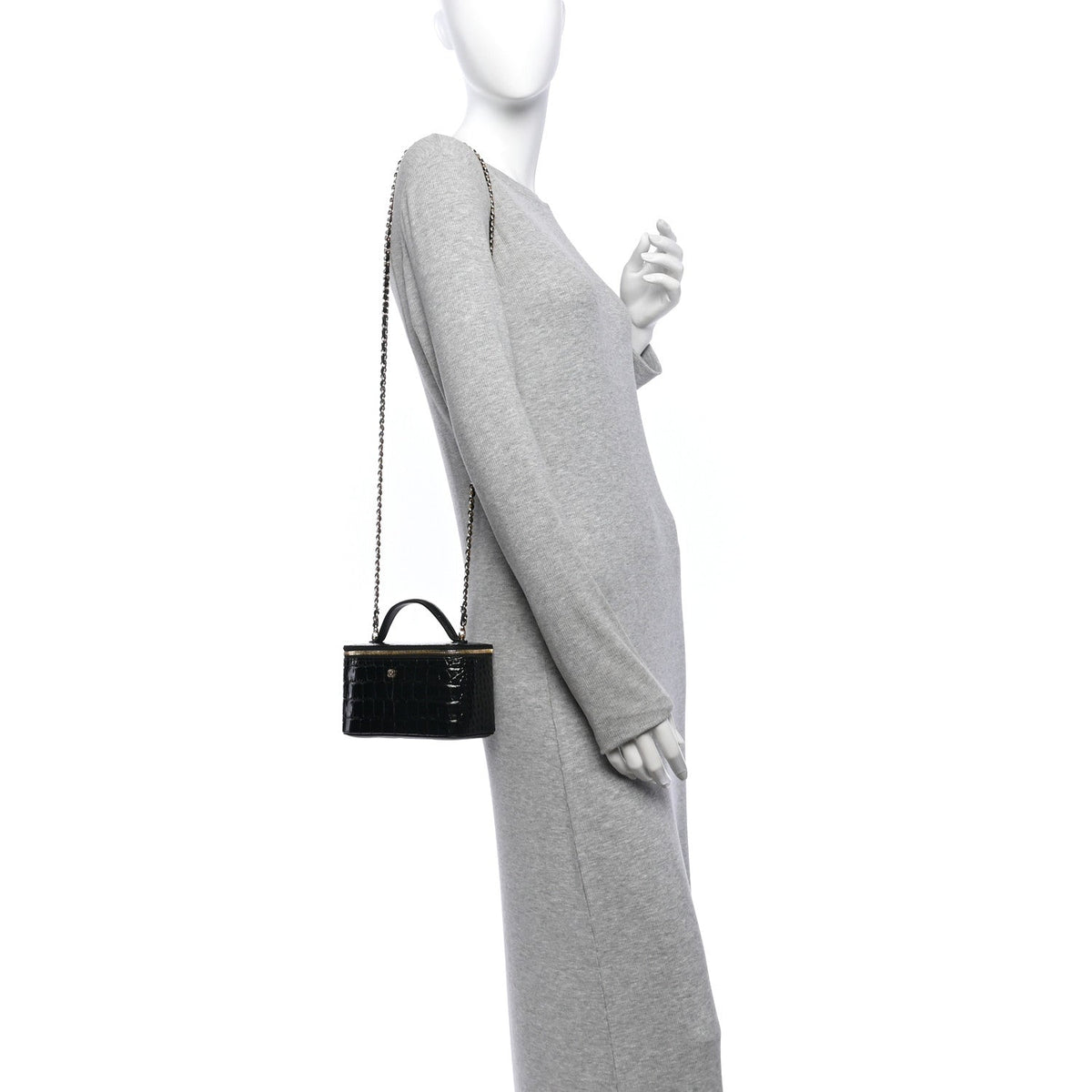Calfskin Crocodile Embossed Crococo Small Top Handle Vanity Case With Chain Black