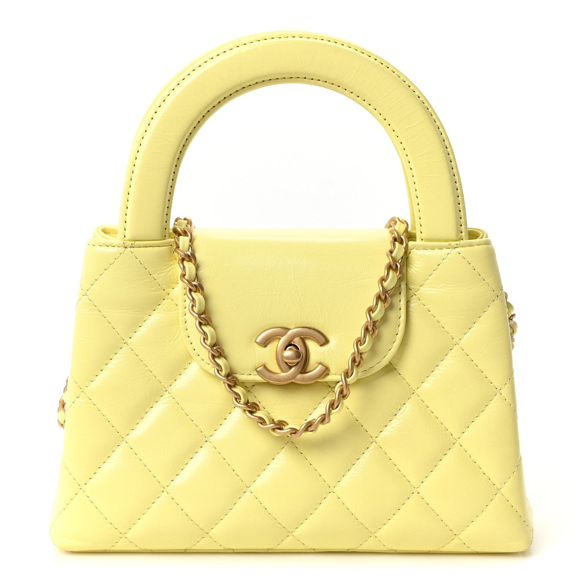 Shiny Aged Calfskin Quilted Nano Kelly Shopper Light Yellow