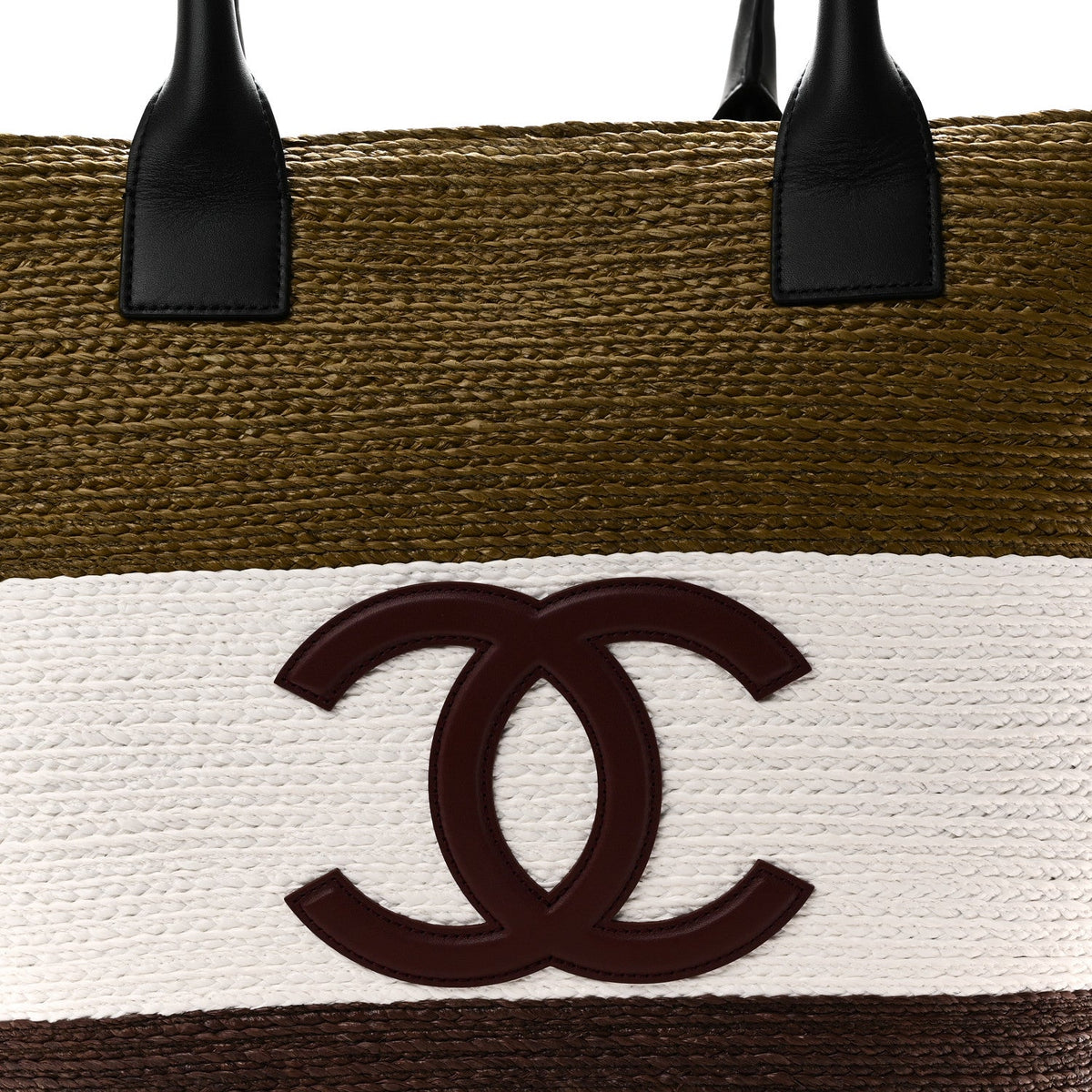 Raffia Calfskin Maxi Shopping Bag Khaki White Brown