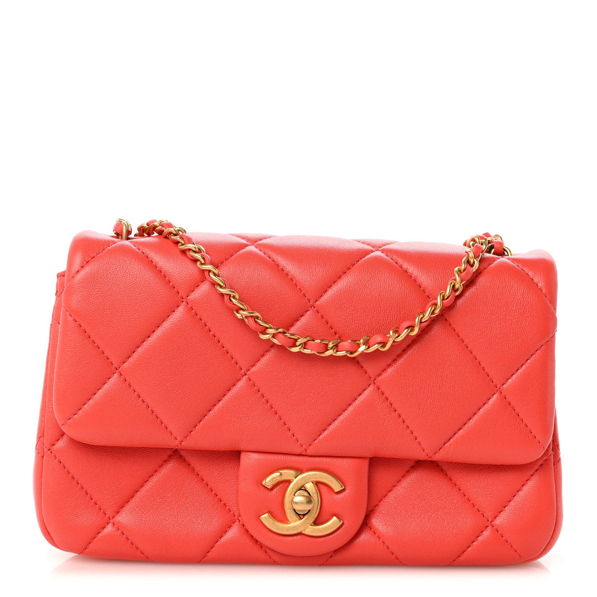 Lambskin Quilted Pearl Small Flap Dark Orange