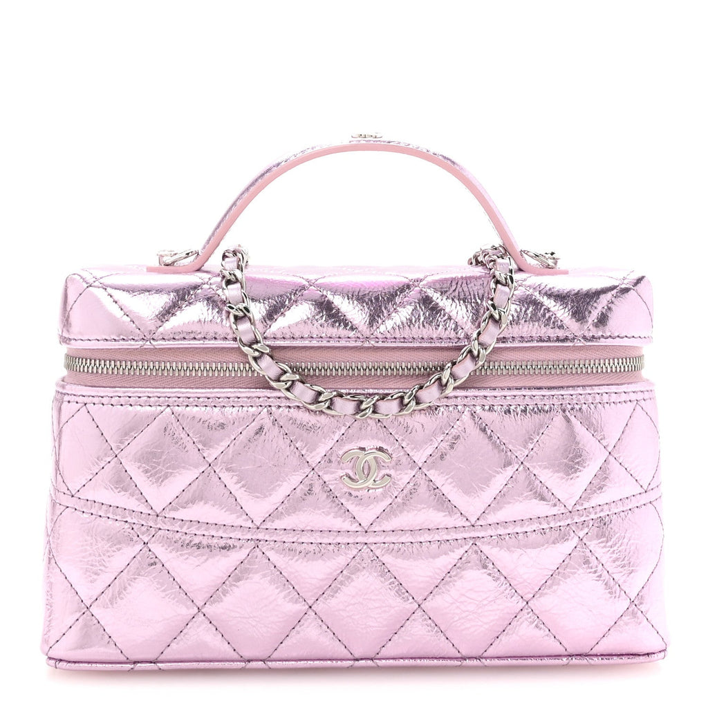 Metallic Calfskin Quilted Slim Vanity With Chain Pink