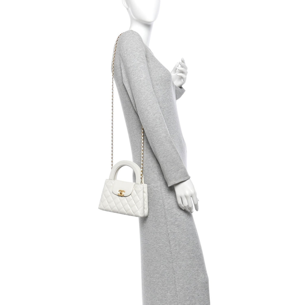 Shiny Aged Calfskin Quilted Nano Kelly Shopper White