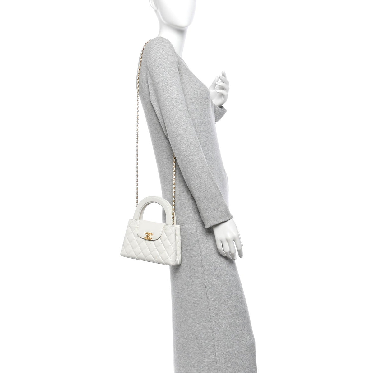 Shiny Aged Calfskin Quilted Nano Kelly Shopper White