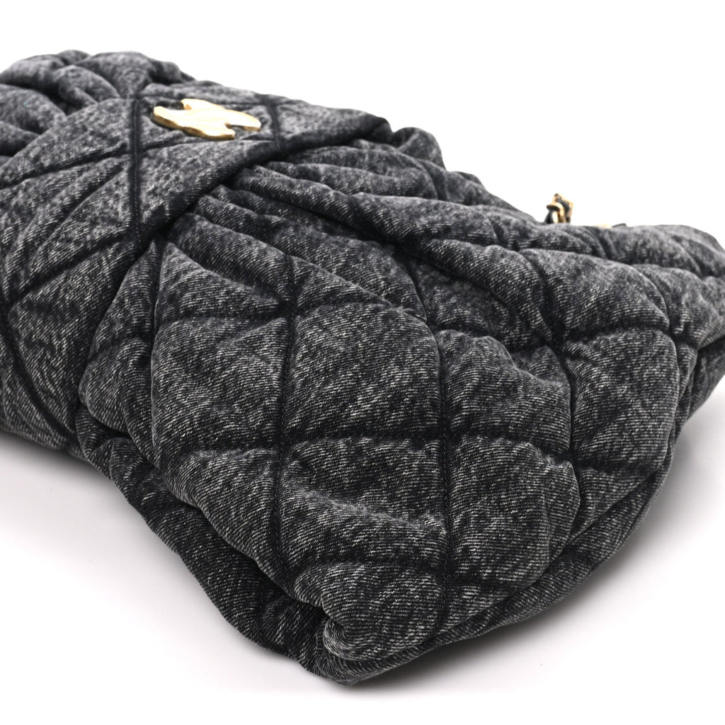 Washed Denim Quilted Maxi Bow Bag Black