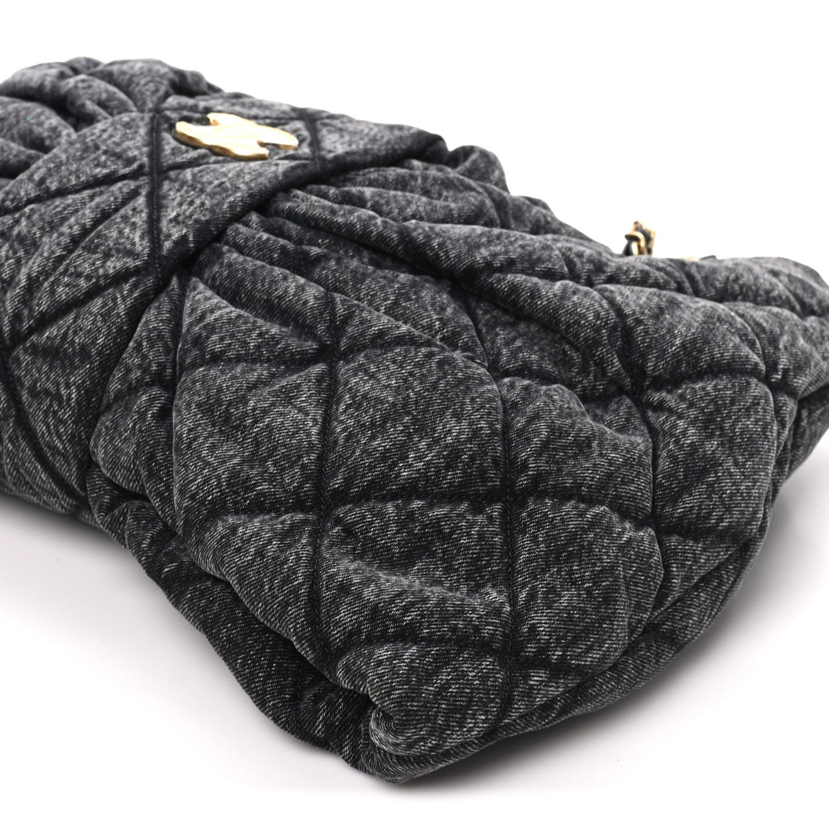 Washed Denim Quilted Maxi Bow Bag Black