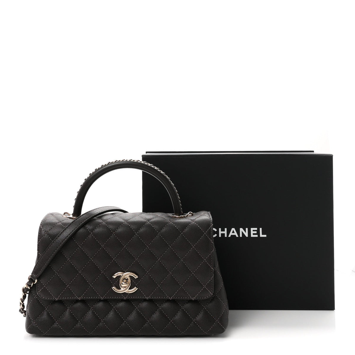Caviar Quilted Small Coco Handle Flap Dark Brown