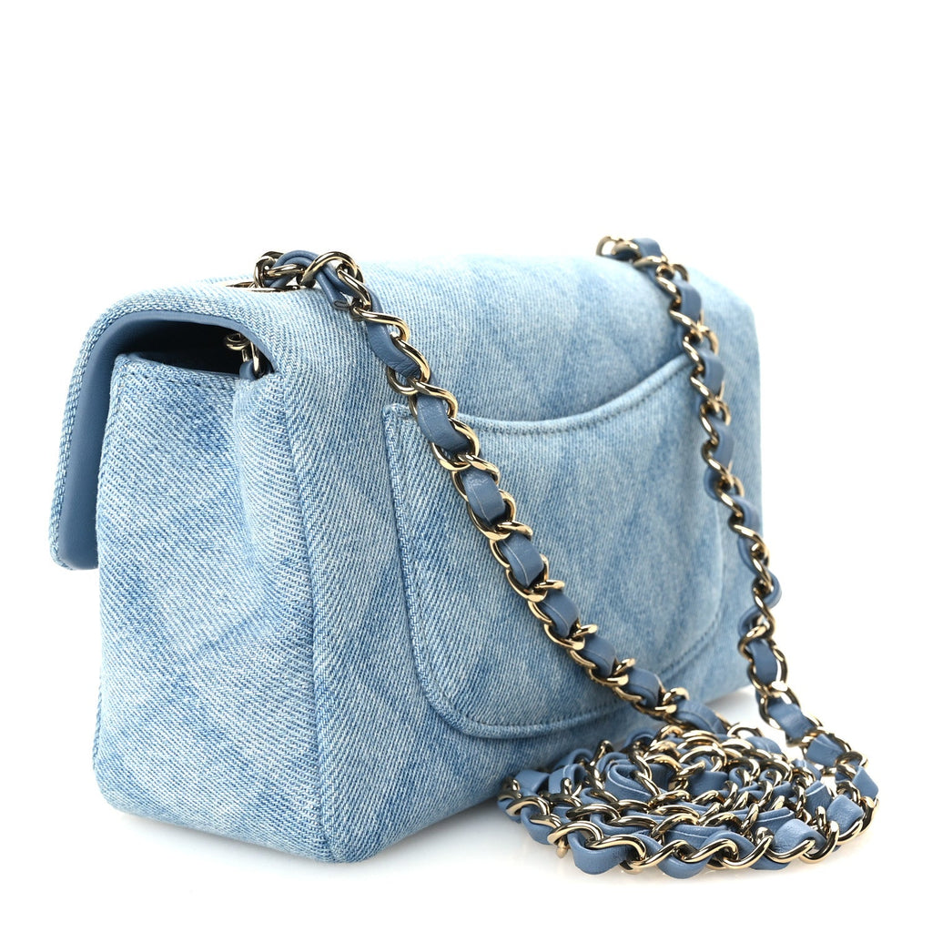 Printed Denim Quilted Mini Rectangular Flap Light Blue