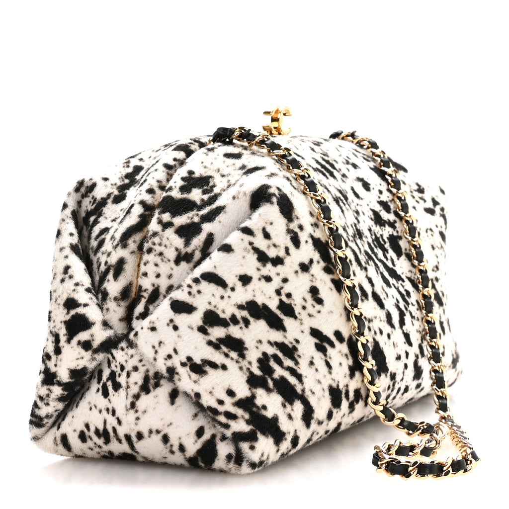Lambskin Pony Hair Printed Clutch With Chain Black White